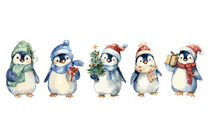 Watercolor cute christmas penguins, an Animal Illustration by Ksania