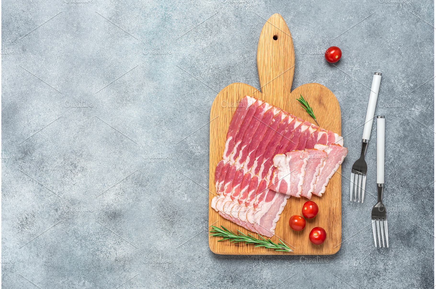 Raw smoked bacon slices on a wooden, a Food & Drink Photo by Yulia71