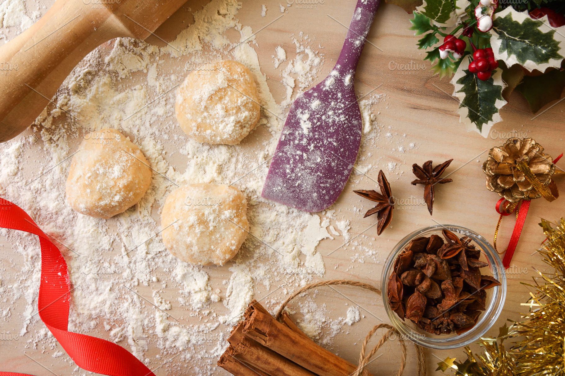 Wooden kitchen bench preparing anise cookies top view, a Food & Drink Photo by Davizro's Market
