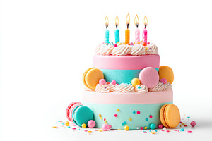Pastel birthday cake with candles and macarons, a Food & Drink Photo by AlyaAnd