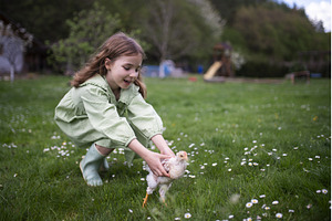 Child gently holding baby chicken, a Nature Photo by HalfPoint