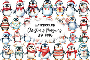Cute Christmas Penguins Clipart, an Illustration by CraftArtStudio