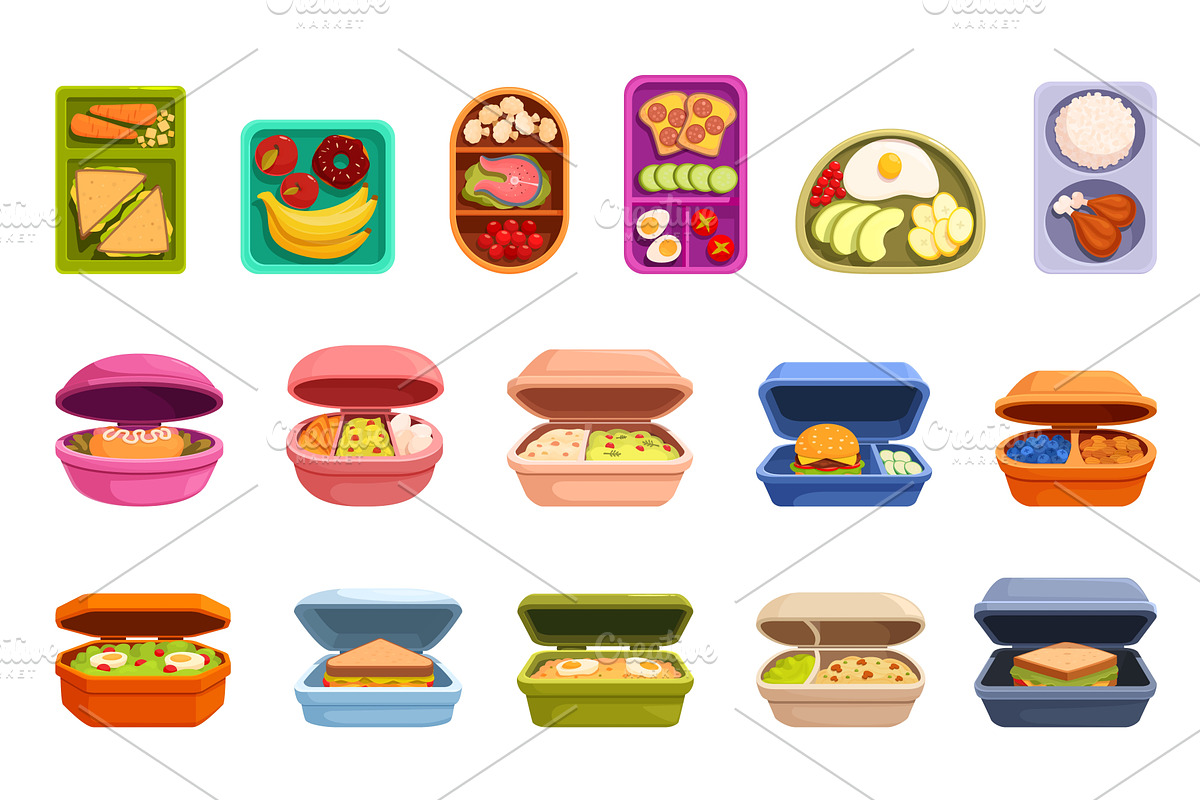 School meals. Cartoon trays from, a Food Illustration by Valerie Bodnar