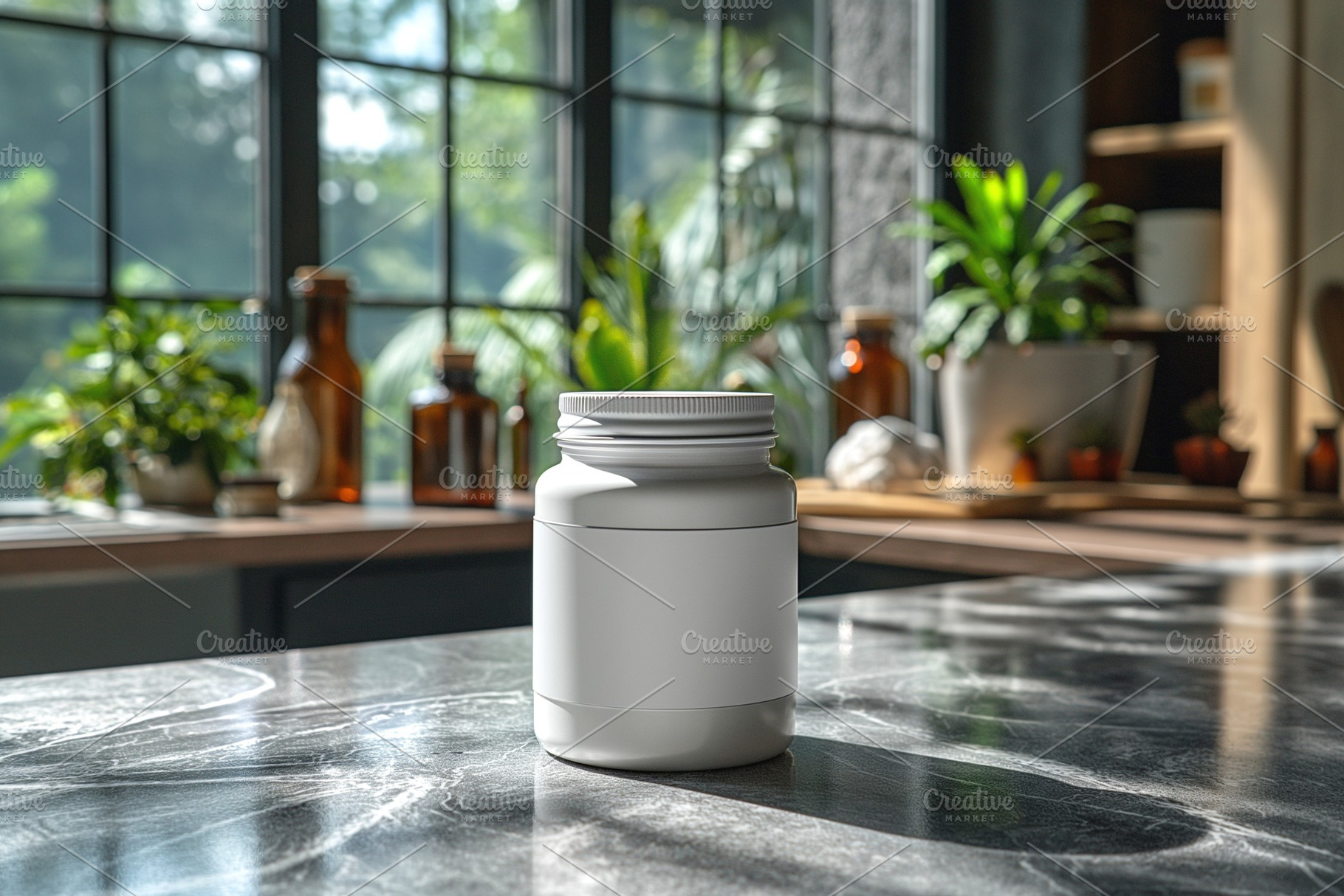 A blank white bottle on a marble countertop with natural light pouring in, crea, a Business Photo by ImageMir