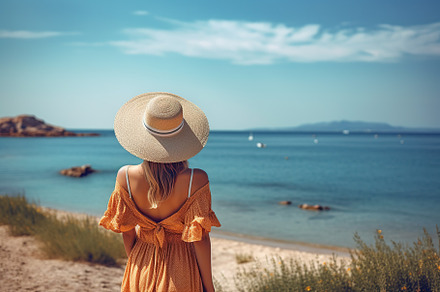 Woman in summer hat looking at the sea. Happy freedom lifestyle. Generative AI, a Person Photo by AlyaAnd