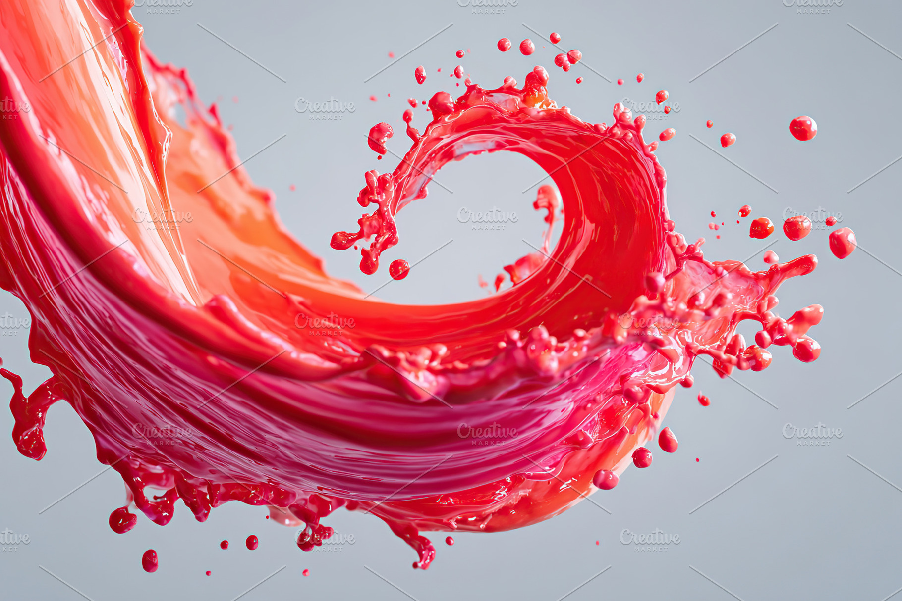 Vibrant red and orange liquid swirl creating dynamic splashes and droplets in m, a Photo by AlyaAnd