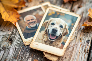 Vintage photos and autumn leaves on wooden table