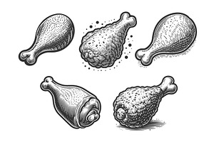 Chicken Drumstick engraving set, a Food Illustration by AlexArt
