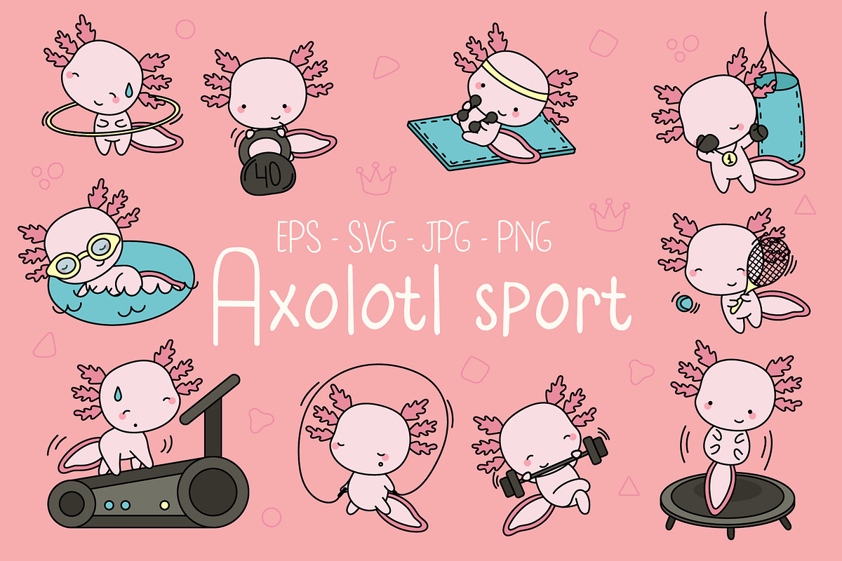 Cute Kawaii Axolotl Sportsman Set, an Animal Illustration by ArtVarStudio (Photo 1 of 3)