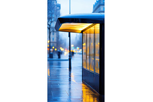 Illuminated bus stop at dusk on, an Architecture Photo by Lermont51