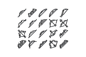 Archery bow and arrow outline icons, an Object Graphic by pikepicture