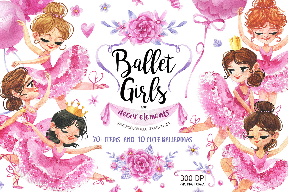 Cute Ballerinas watercolor set, an Illustration by KatBranchArt (Photo 1 of 3)