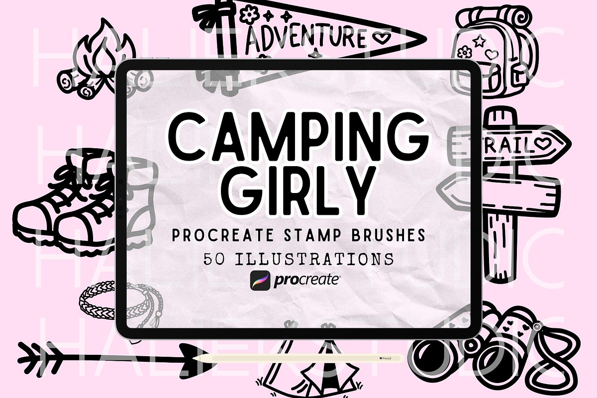 Camping Girly Procreate Brushes Set, a Brush Add-On by HalieKStudio (Photo 1 of 10)