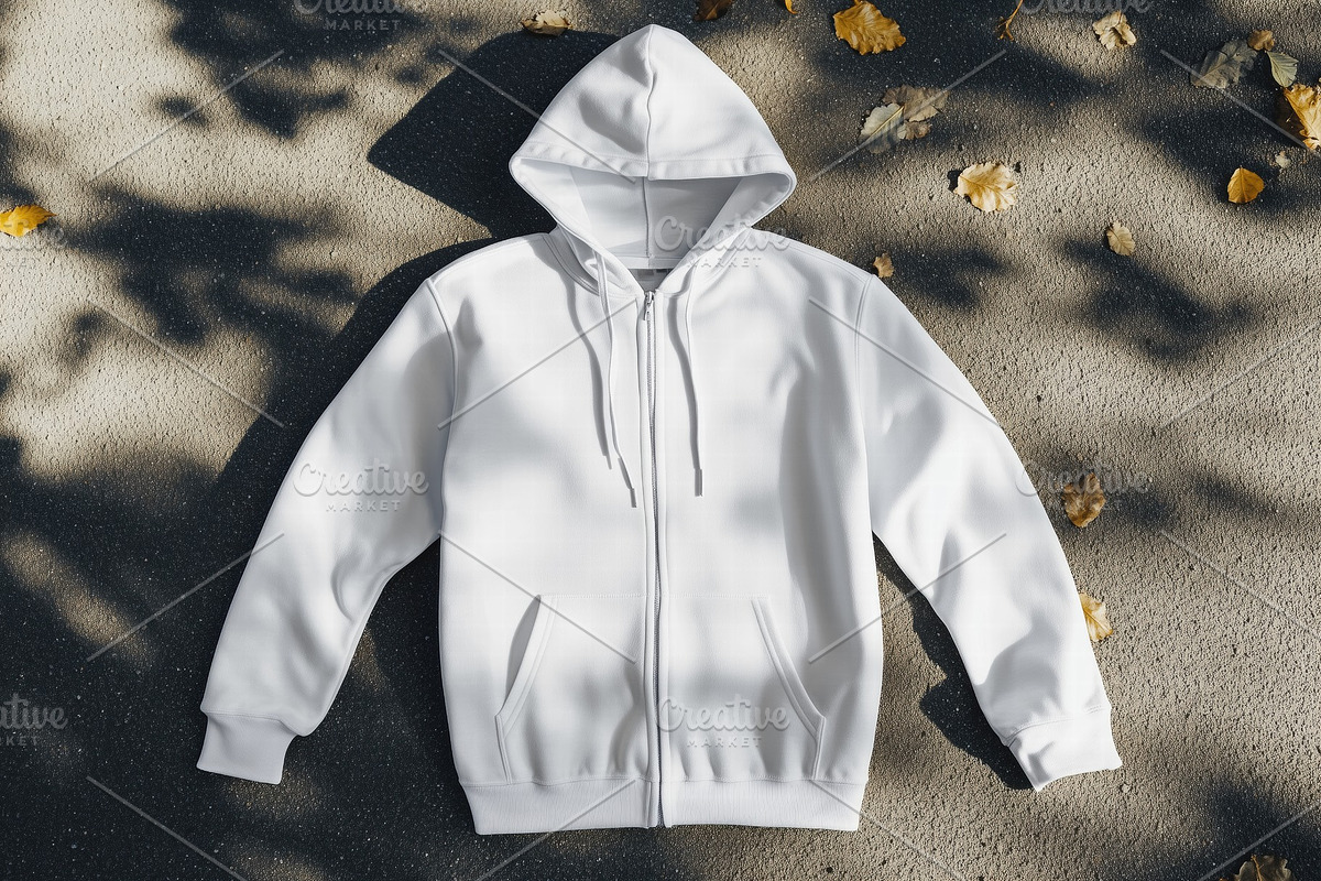 A white zip-up zipped hoodie mockup laid flat on a textured