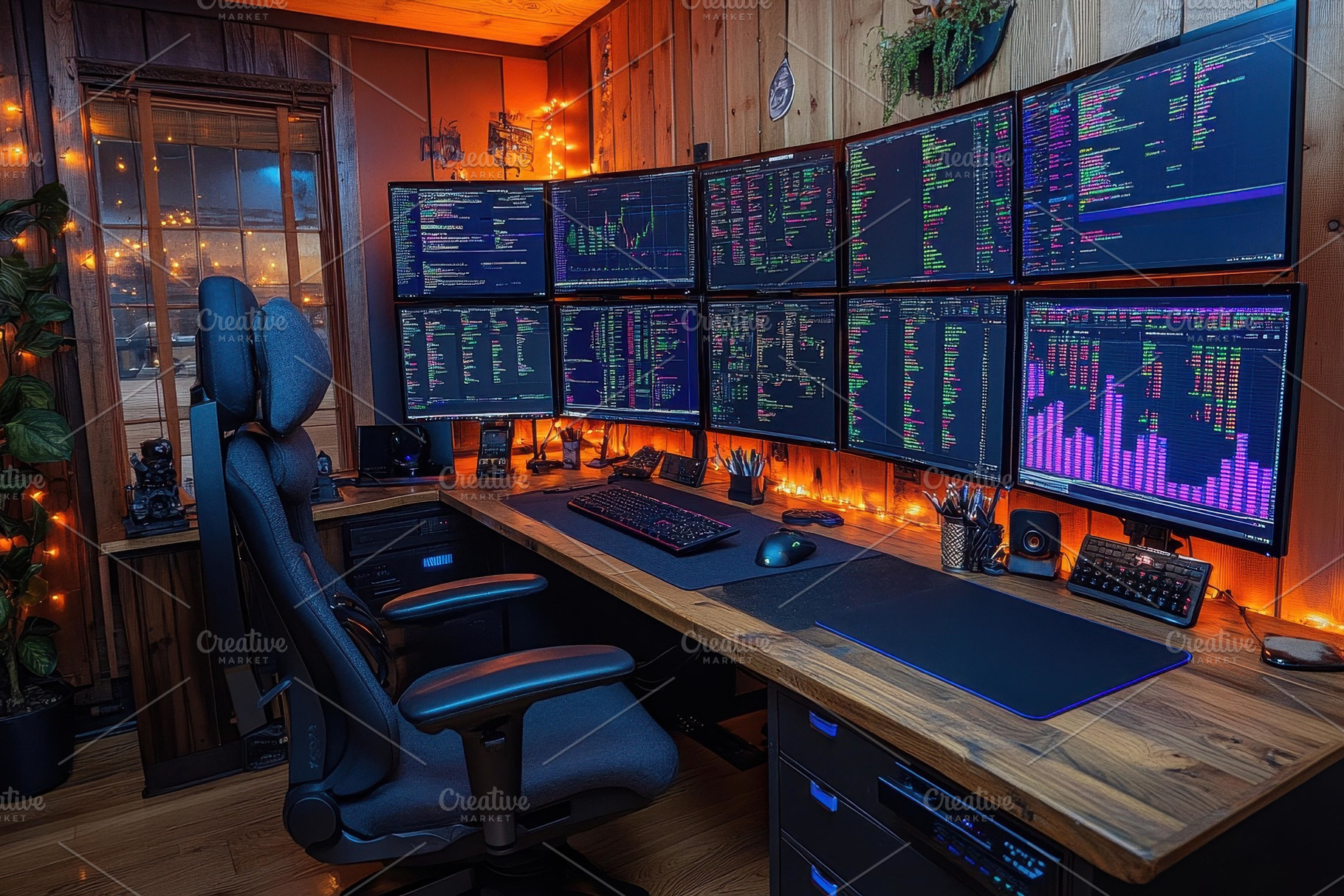 High-tech workspace with multiple mo, a Photo by Tanuart