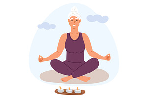 Elderly woman meditates sitting in, a Person Illustration by Vectorbuum
