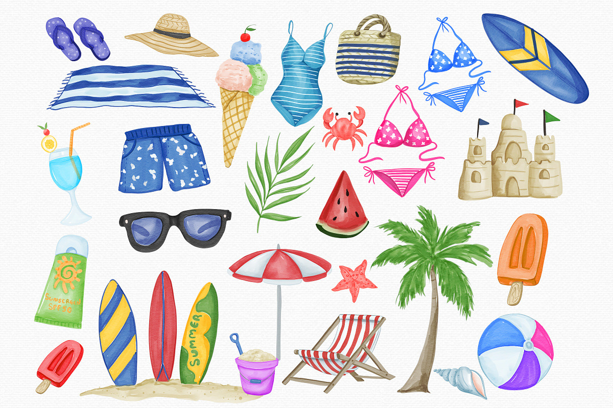 Watercolor Beach Vacation Clipart, an Illustration by MiracleArtAndDesign (Photo 2 of 2)