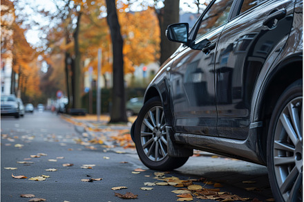 Modern car parked on the side of a, a Transportation Photo by Ylivdesign