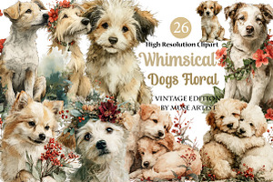 Whimsical Dogs Floral Clipart, an Illustration by DreamArtGraphic