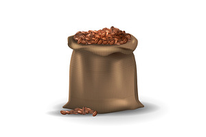 Coffee Beans In Brown Burlap Bag.