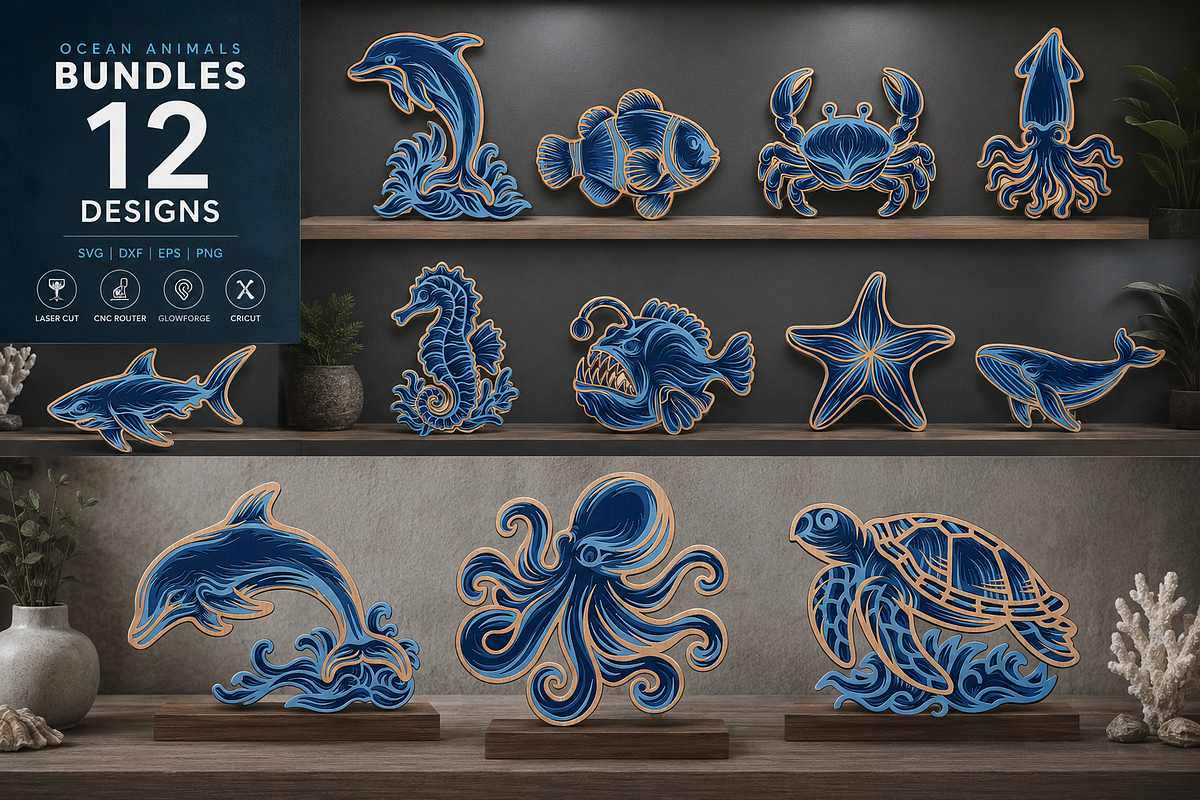 Ocean Animals Laser Cut SVG Bundle, an Animal Illustration by OTVEY DESIGN (Photo 1 of 5)