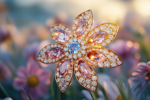 A beautiful floral brooch made of gold and adorned with pink and blue gemstones, a Technology Photo by Textures & Backgrounds