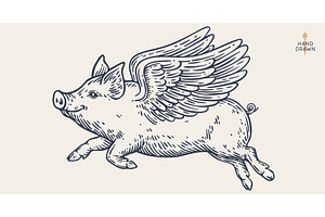 Fly piggly, pig, piglet with wings, a Food Illustration by Foxys Graphic