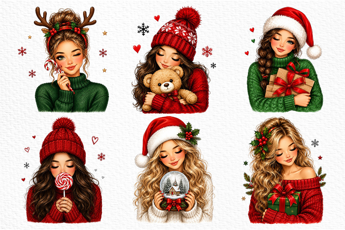 Christmas Girl Clipart PNG Bundle, a Seasonal Illustration by Craft Nest (Photo 2 of 3)