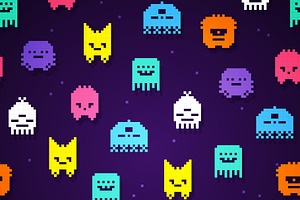 Retro 8bit Pixel Monsters Pattern, a Pattern Graphic by Black White Mouse Design