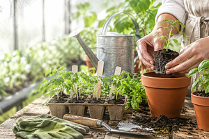 Gardening scene with hands planting, a Photo by Dvoevnore photos