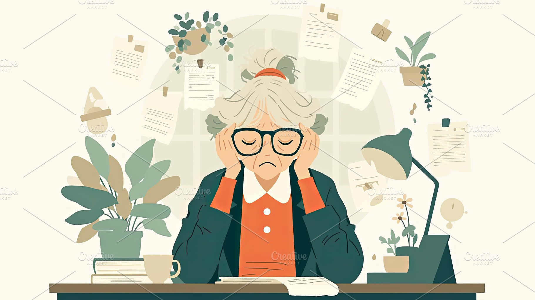 Stressed working woman surrounded by office plants and scattered papers, a Photo by AS photostudio