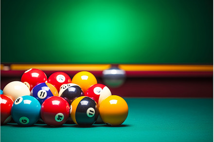 Many colorful billiard balls and cue, a Sports & Recreation Photo by Ylivdesign