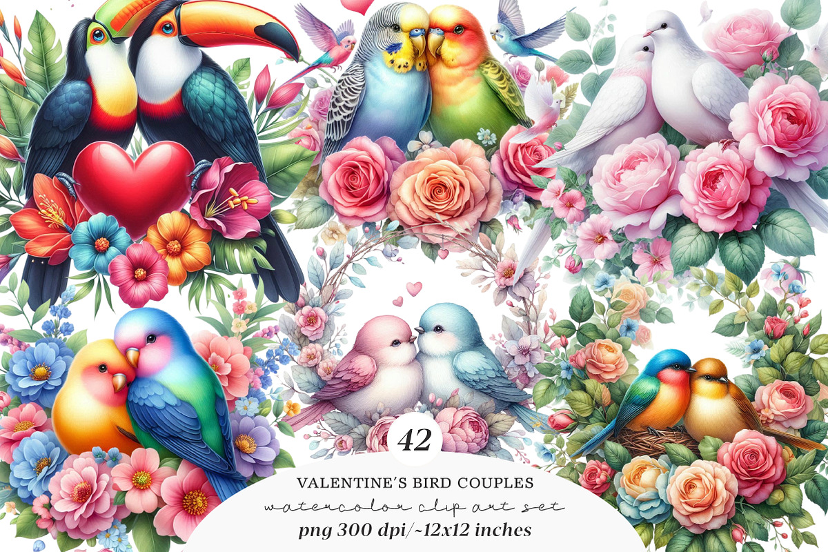 Romantic Bird Couples Clipart, an Illustration by SinaCreation (Photo 1 of 11)