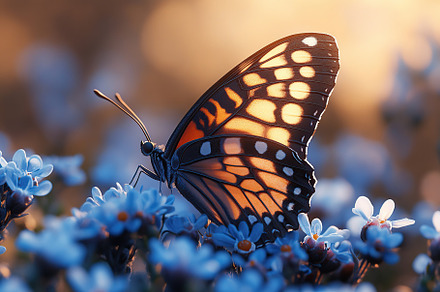Beautiful butterfly resting on blue vibrant flower, an Animal Photo by AlyaAnd
