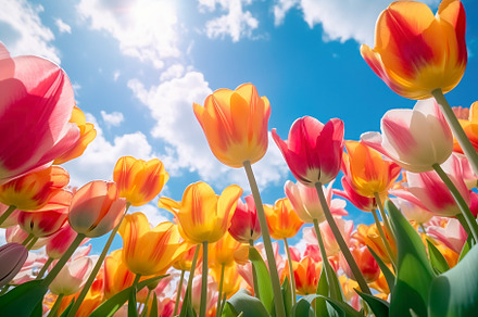 Spring tulips against blue sky at su