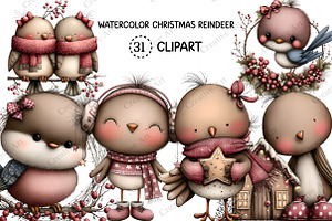 Watercolor Christmas Birds Clipart, an Illustration by Creative Art