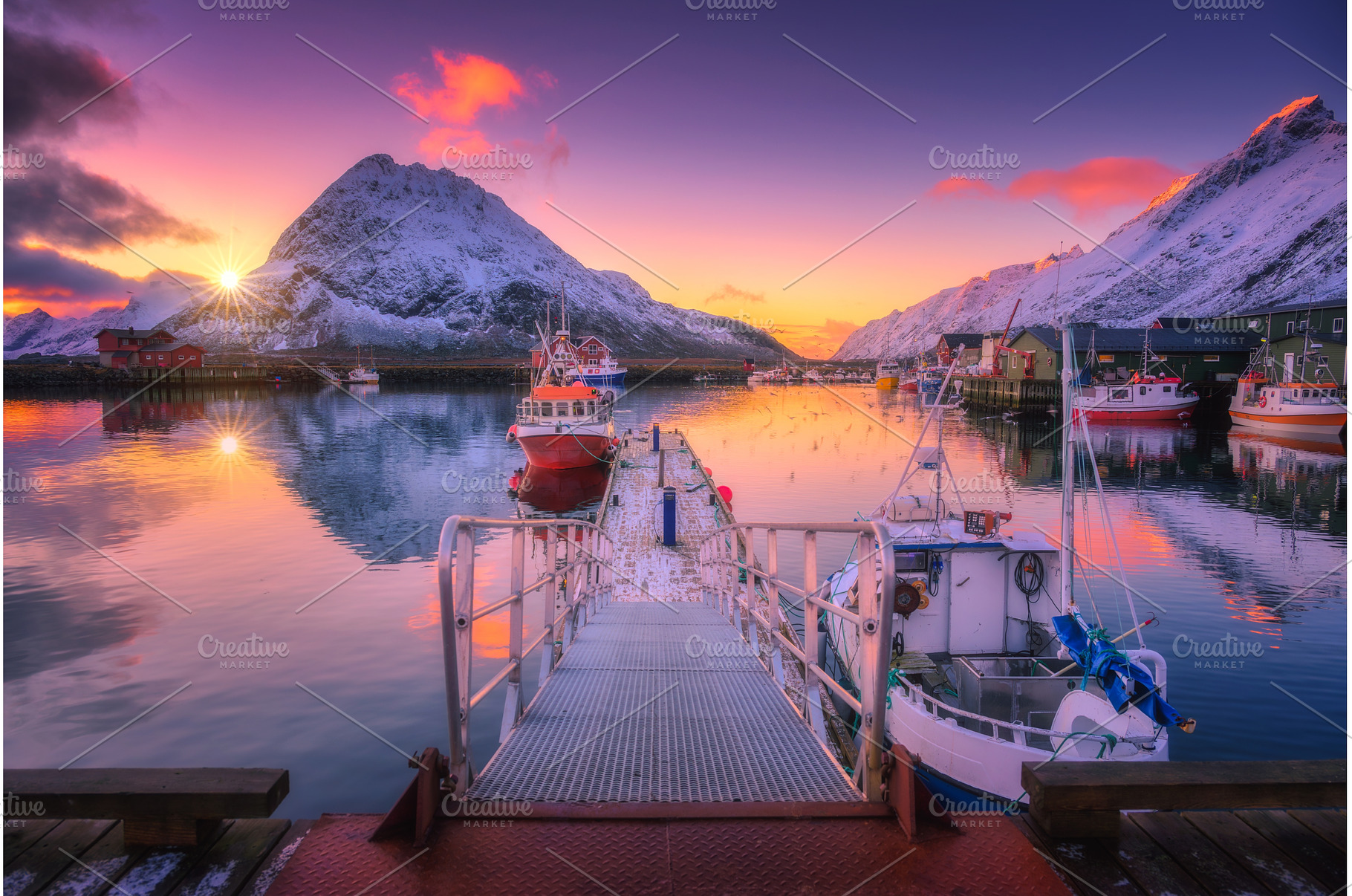 Fishing boats in harbor at sunset, a Nature Photo by den-belitsky