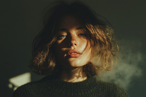 Portrait of a thoughtful woman with warm lighting and soft shadows, a Photo by AS photostudio