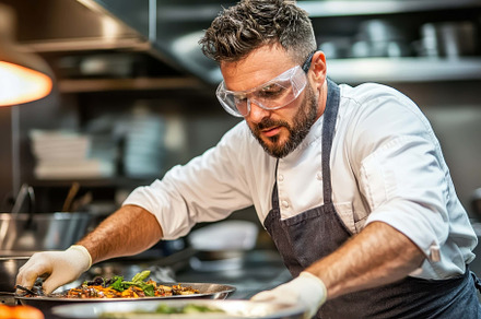 Chef preparing a gourmet dish in a b, a Photo by Tanuart