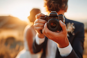 Capturing joyful wedding moments during sunset in an outdoor celebration, a Person Photo by AlyaAnd