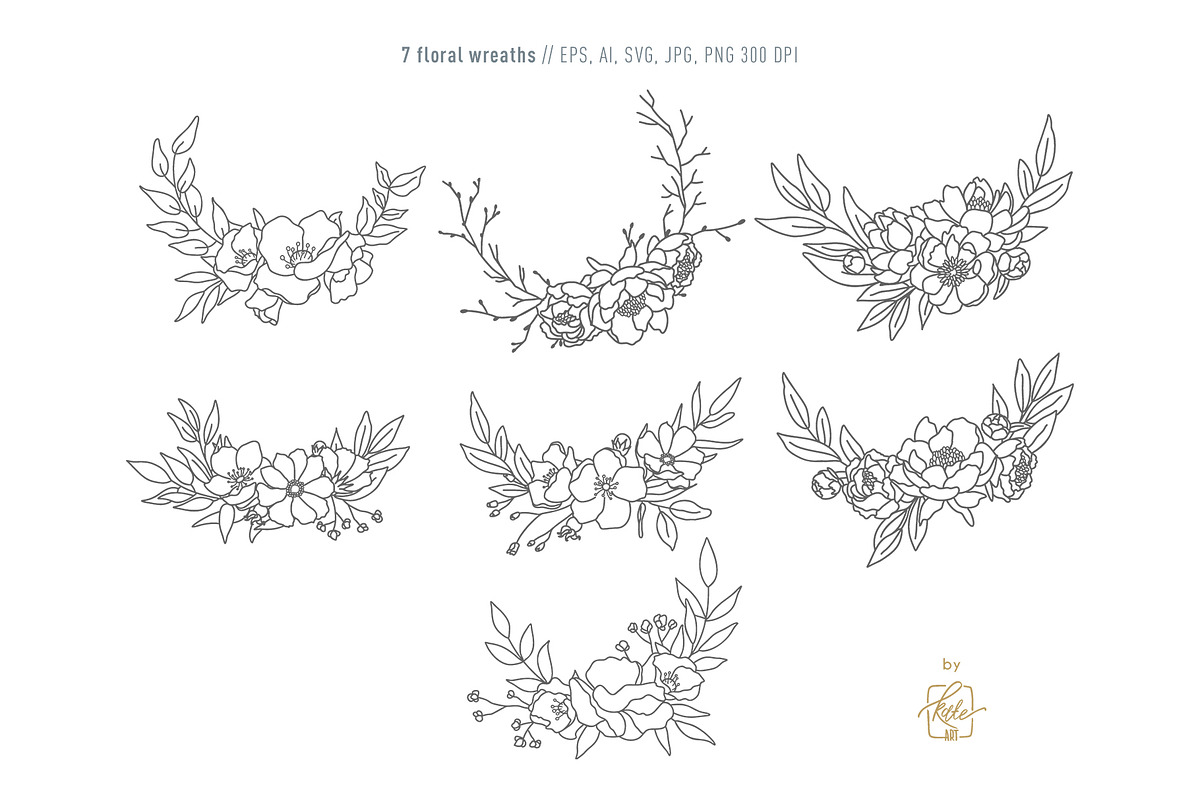 WILDFLOWER LINE-ART WREATHS, an Object Illustration by Kate Art (Photo 2 of 13)
