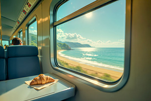 Train journey with a croissant, a Photo by rarrarorro