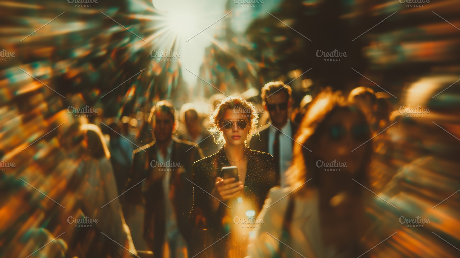 Focused woman with phone amidst a bustling urban crowd under bright sunlight, a Person Photo by AS photostudio