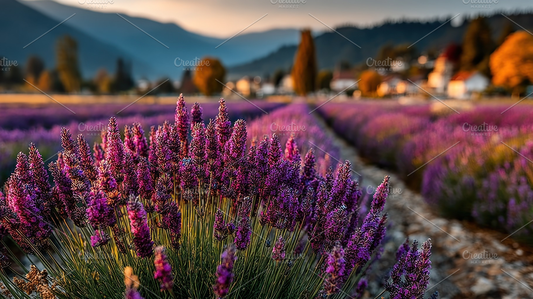 Lavender fields in full bloom at sunset with mountain backdrop a, a Nature Photo by José Manuel Gelpi