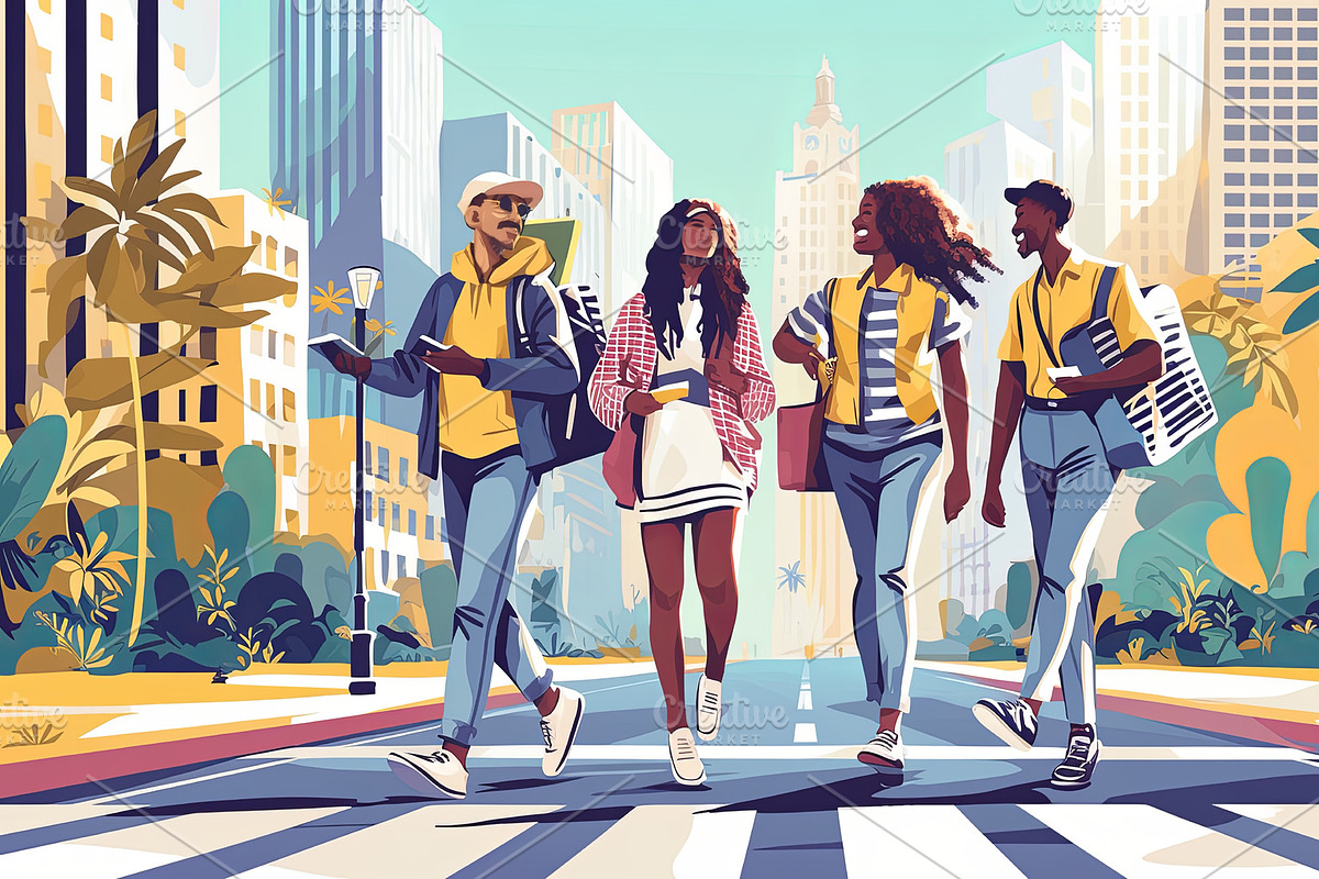 Group of friends walking in modern cityscape during a sunny day, an Illustration by AS photostudio