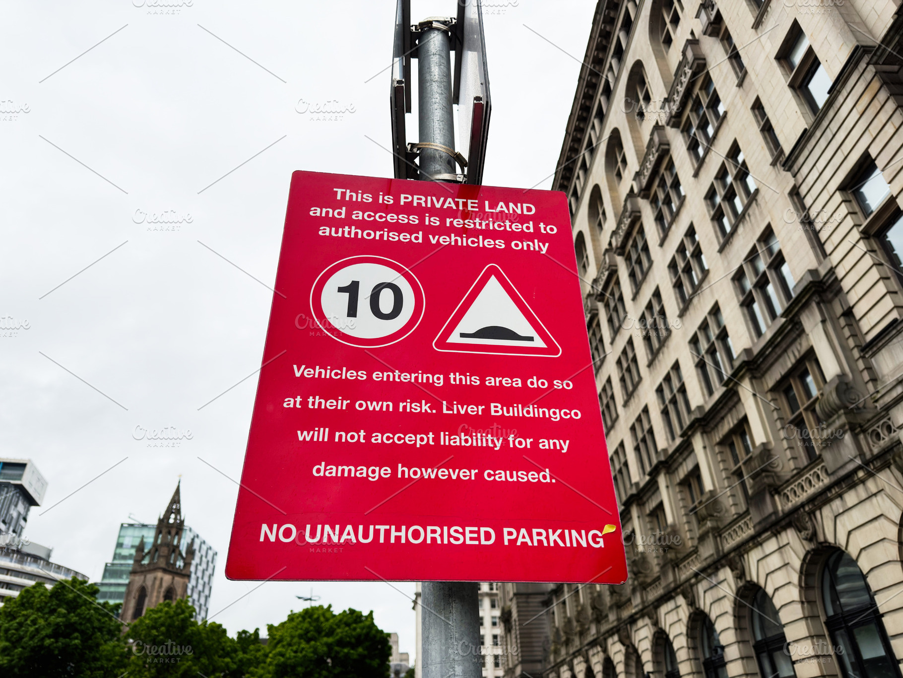 Red private land warning sign showing 10 speed limit and no unau, a Photo by AS photostudio