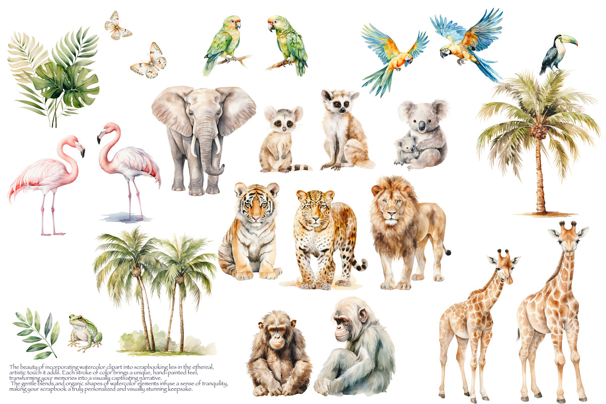 watercolor jungle wildlife clipart, an Animal Illustration by Pink Studio Art (Photo 2 of 4)