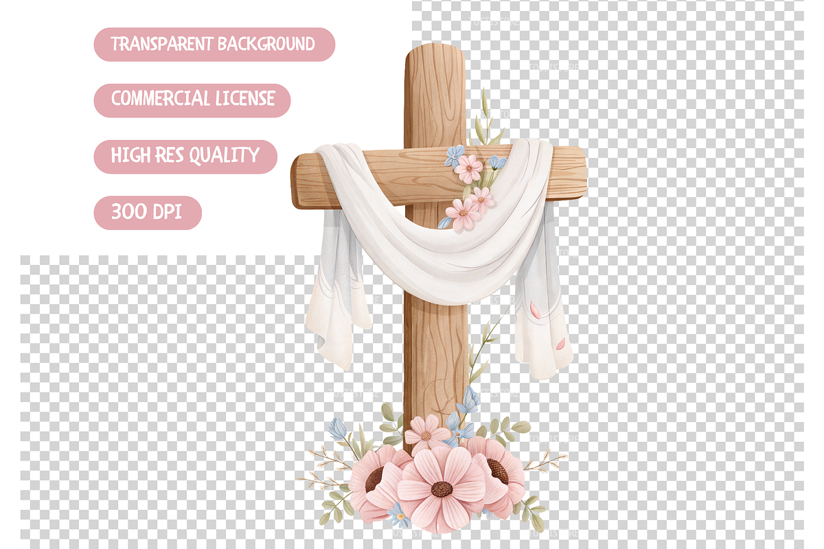 Cross And Flowers Watercolor Clipart, an Illustration by TatiMockup (Photo 3 of 3)
