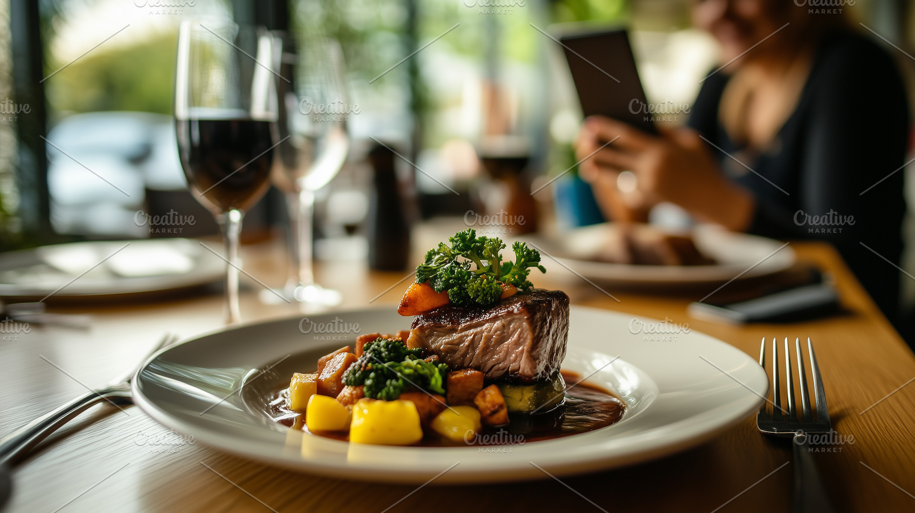 Gourmet dinner in elegant restaurant, a Food & Drink Photo by MistyDay