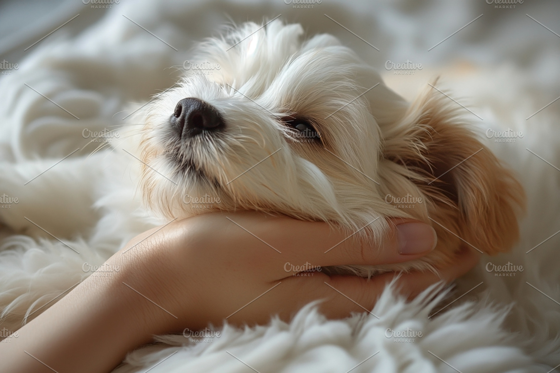 A serene small dog being gently held by a person's hand, conveying love and aff, an Animal Photo by ImageMir